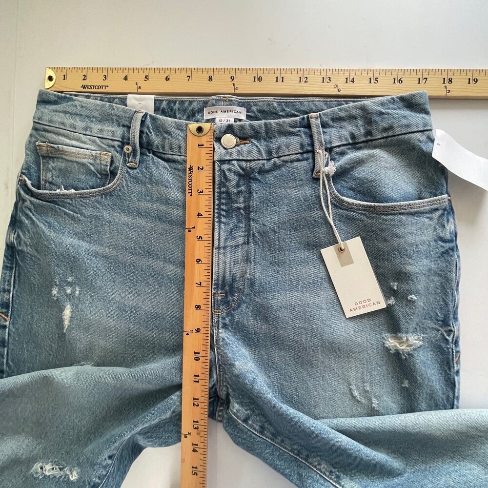 Good American Good Classic Distressed Straight Jeans NEW Sz 12/31 Stretch Blue - Picture 9 of 11